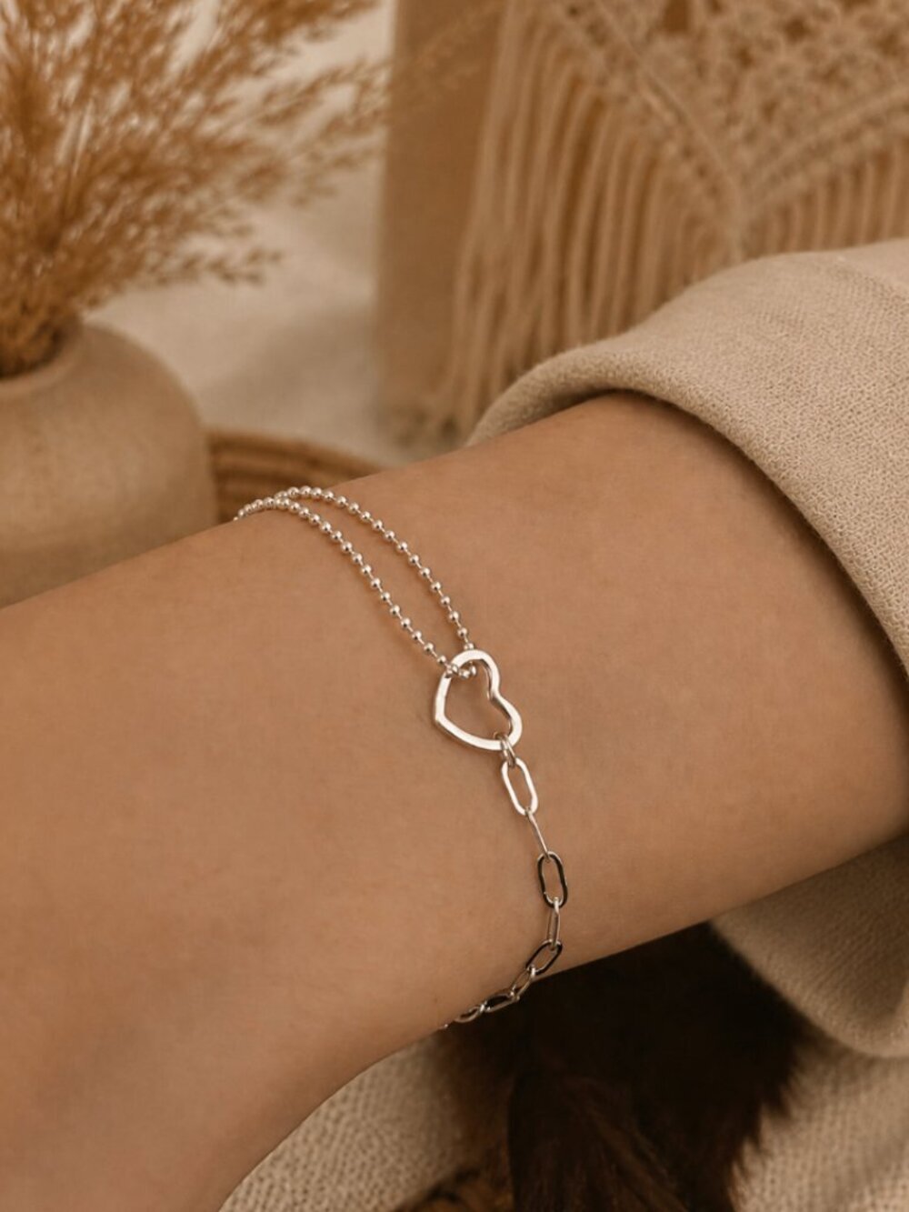 925 Sterling Silver Dainty Heart Bead Chain Link Bracelet